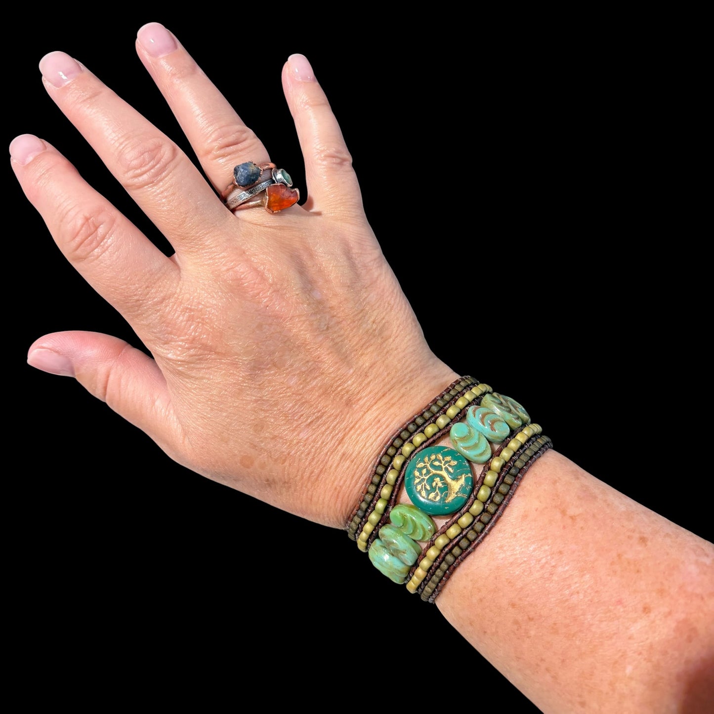 Bohemian Picasso Beaded Cuff, Green Tree by Carrie Prince