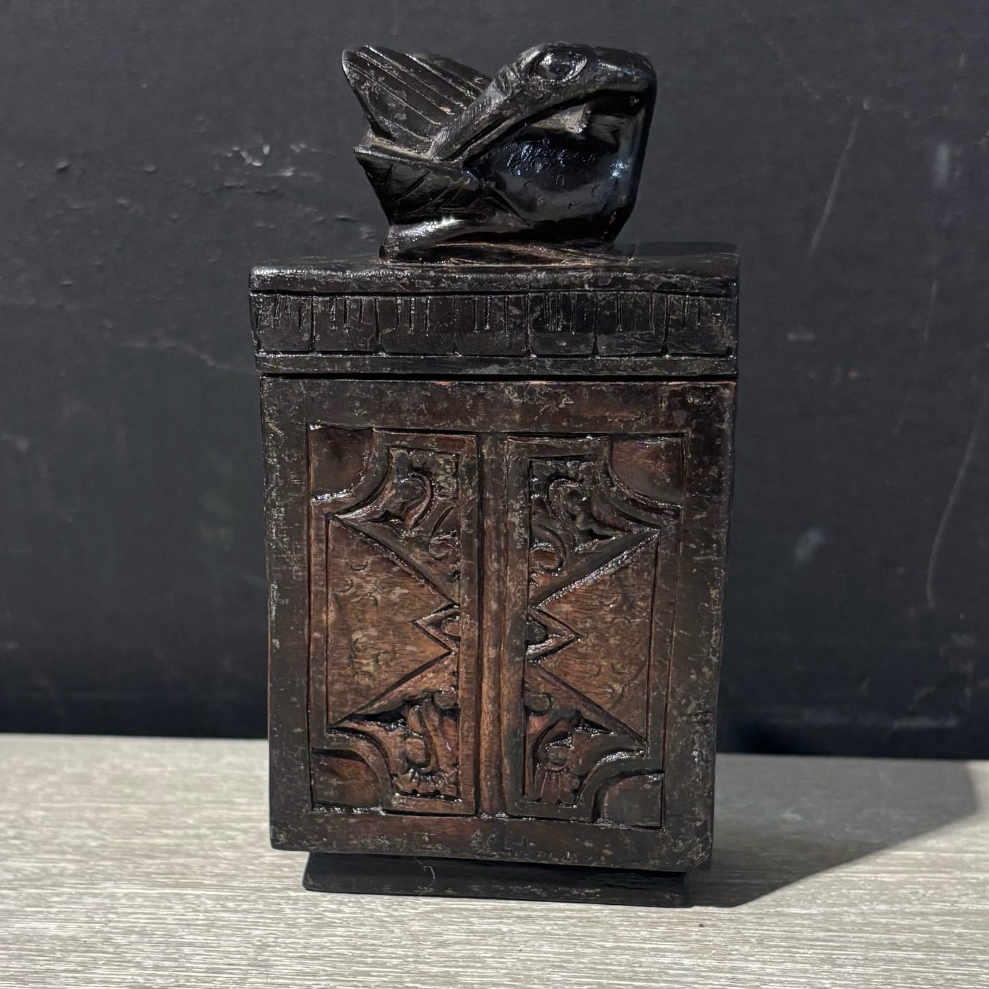 Carved Wooden Box, Swan Finial 3" L x 1.5" W x 5" H