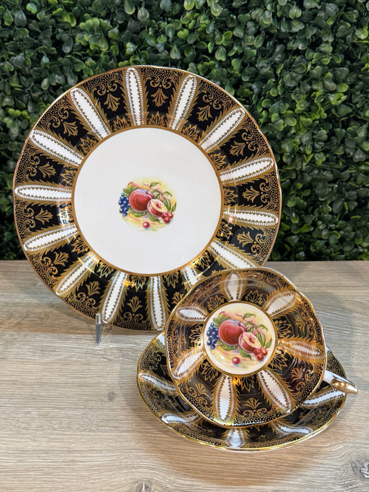Paragon tea cup/saucer, dessert plate, black/gold/fruit, 8"W x 8"D x 4"H