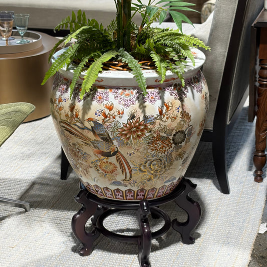 Chinoiserie Fish Bowl Planter w/ Wood Stand, 21"Dia x 28"H