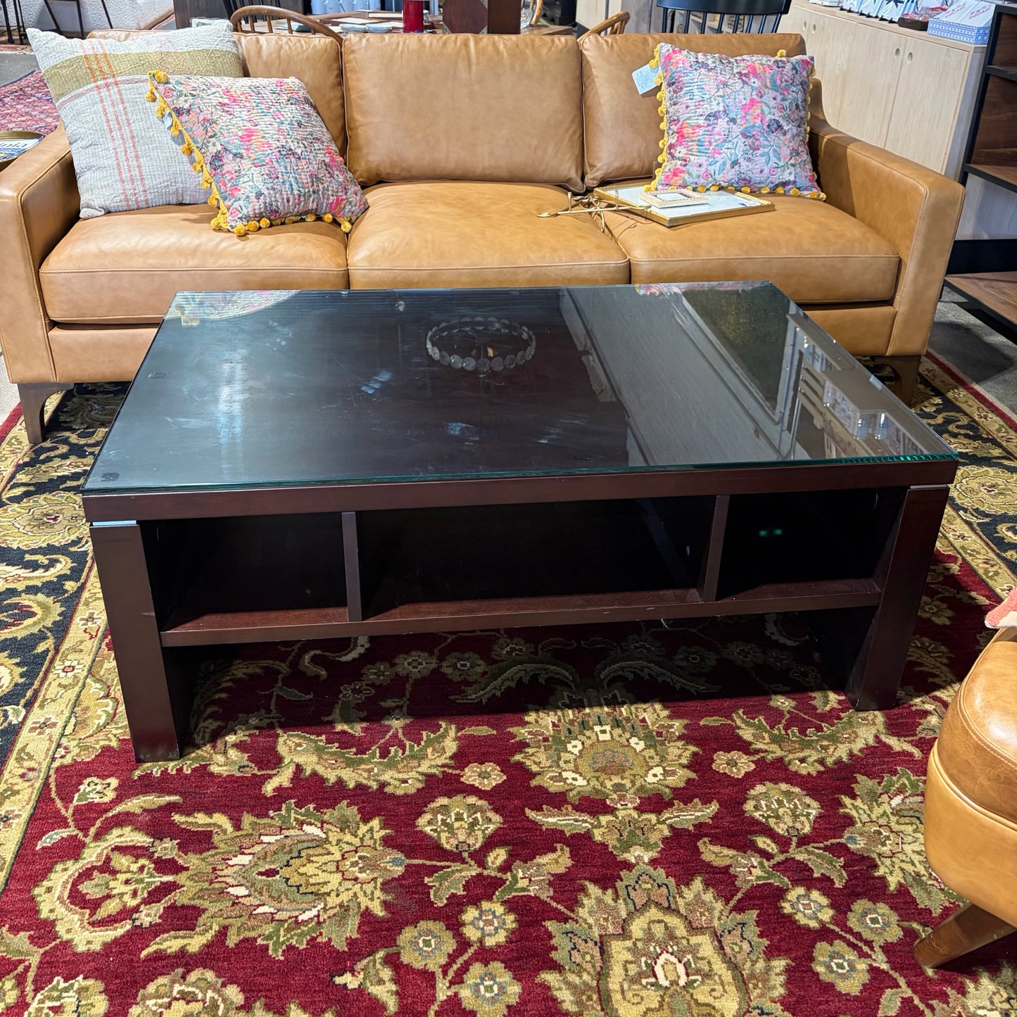 Dark Wood Coffee Table w/ Glass Top, 46"W x 30"D x 18"H