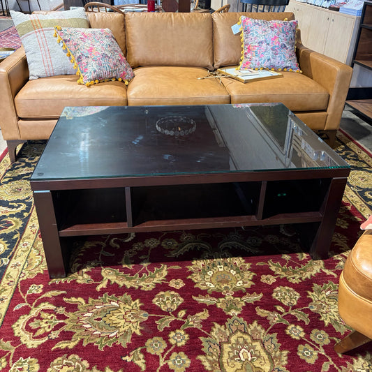Dark Wood Coffee Table w/ Glass Top, 46"W x 30"D x 18"H