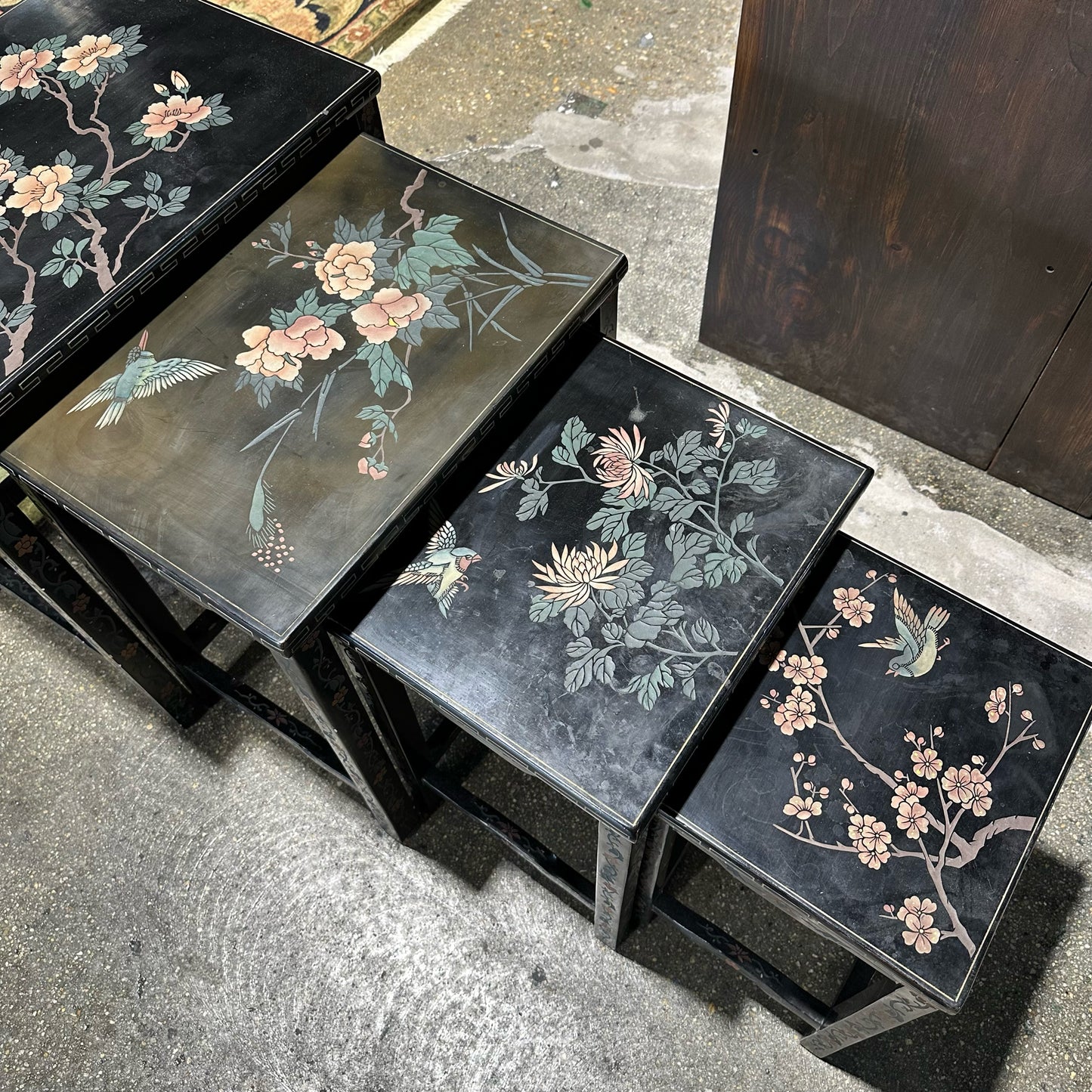 Set of 4 Black Lacquer Chinoiserie Inlaid Nesting Tables, 22" L x 16" W x 24" H