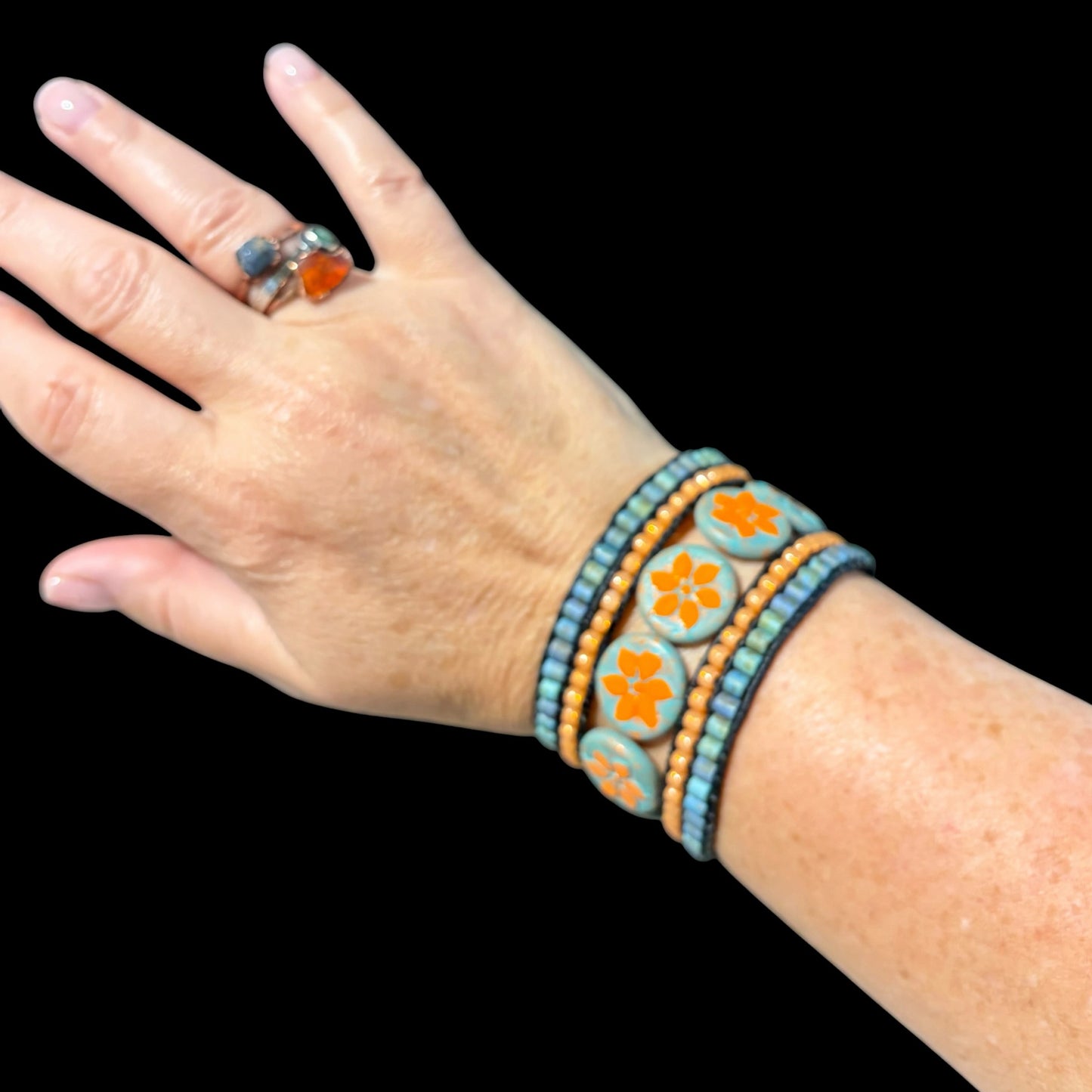 Bohemian Picasso Beaded Cuff, Orange Flowers by Carrie Prince