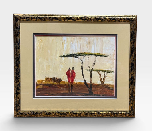 East African oil/acrylic painting, signed J. Ndambo, 18.5"W x 15.5"H