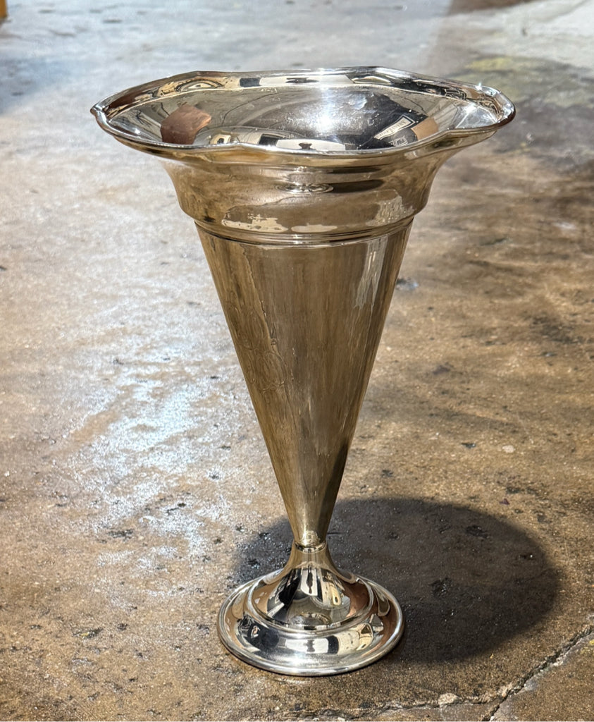 Vintage silver plate trumpet vase, mono, 7.5"W x 7.5"D x11"H