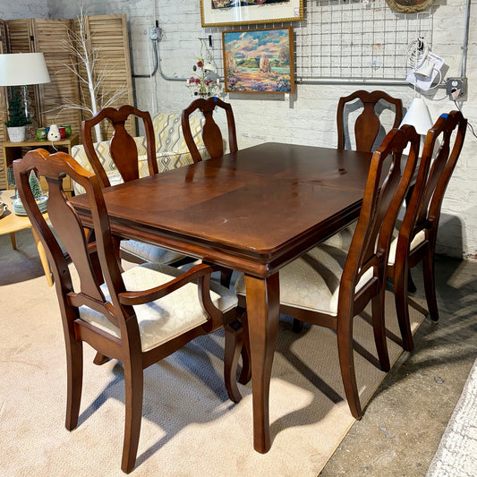 Vintage Wood Dining Table W/Leaf & 6 Chairs, 42"W x 62"/80"Leaf, 30.25"H