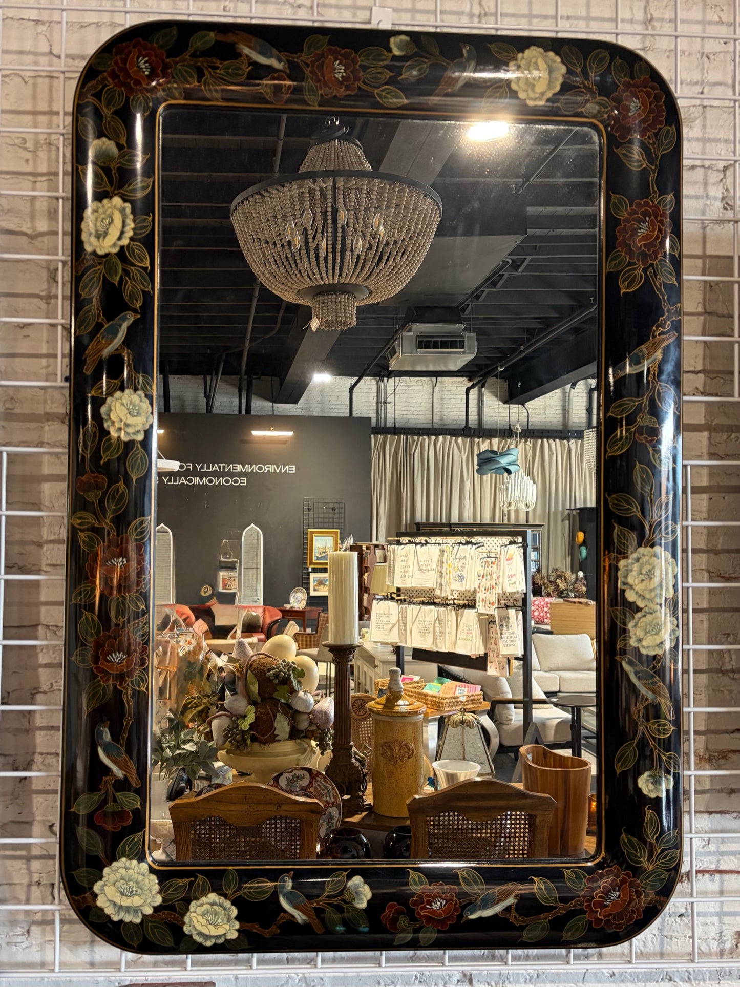 Black Lacquer Chinoiserie wall mirror, 28.5W" x 42"H
