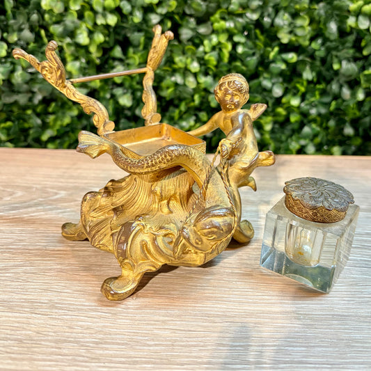Antique Rococo Revival Cherub Inkwell, 4"H x 4.5"W x 3.75"D
