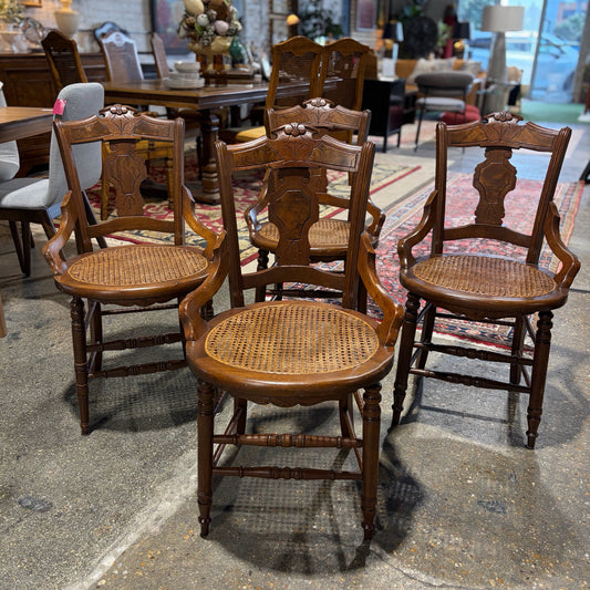 4 Victorian Cane Bottom Wooden Chairs, 33.5"H x 19"D x 17.5"W