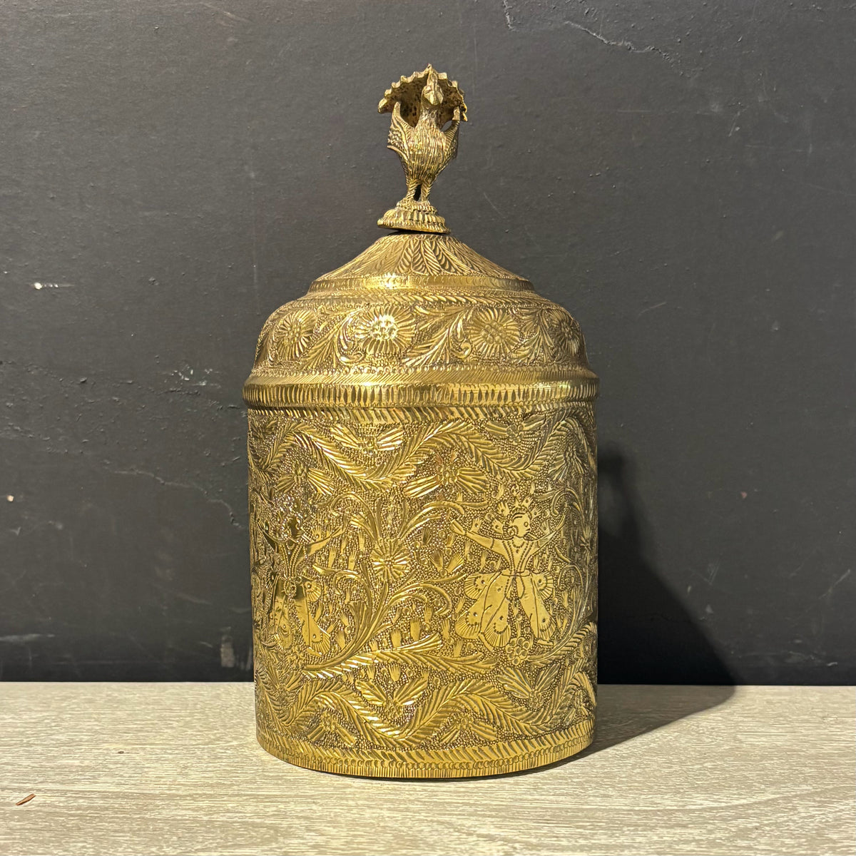 Brass Canister, Peacock Finial, 14.5" D  x 9" H