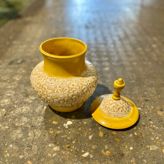 Vintage Lidded Urn, Yellow Ceramic, 6.25" Dia x 10" H