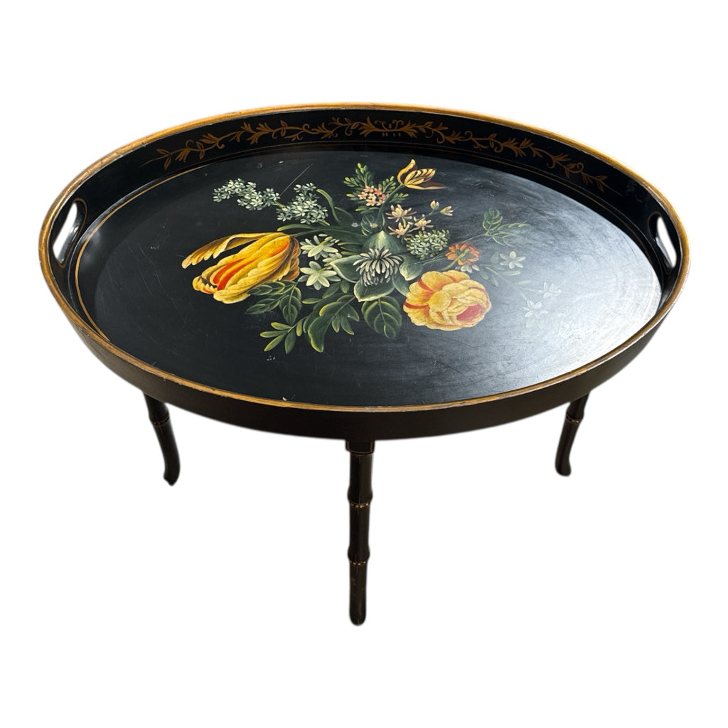 Vintage tole tray table, collapsible, 29"W x 21"D x 21"H