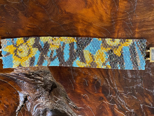 Peyote stitch bracelet, "Minnie", blue/green/yellow,1.25"W x 7"L