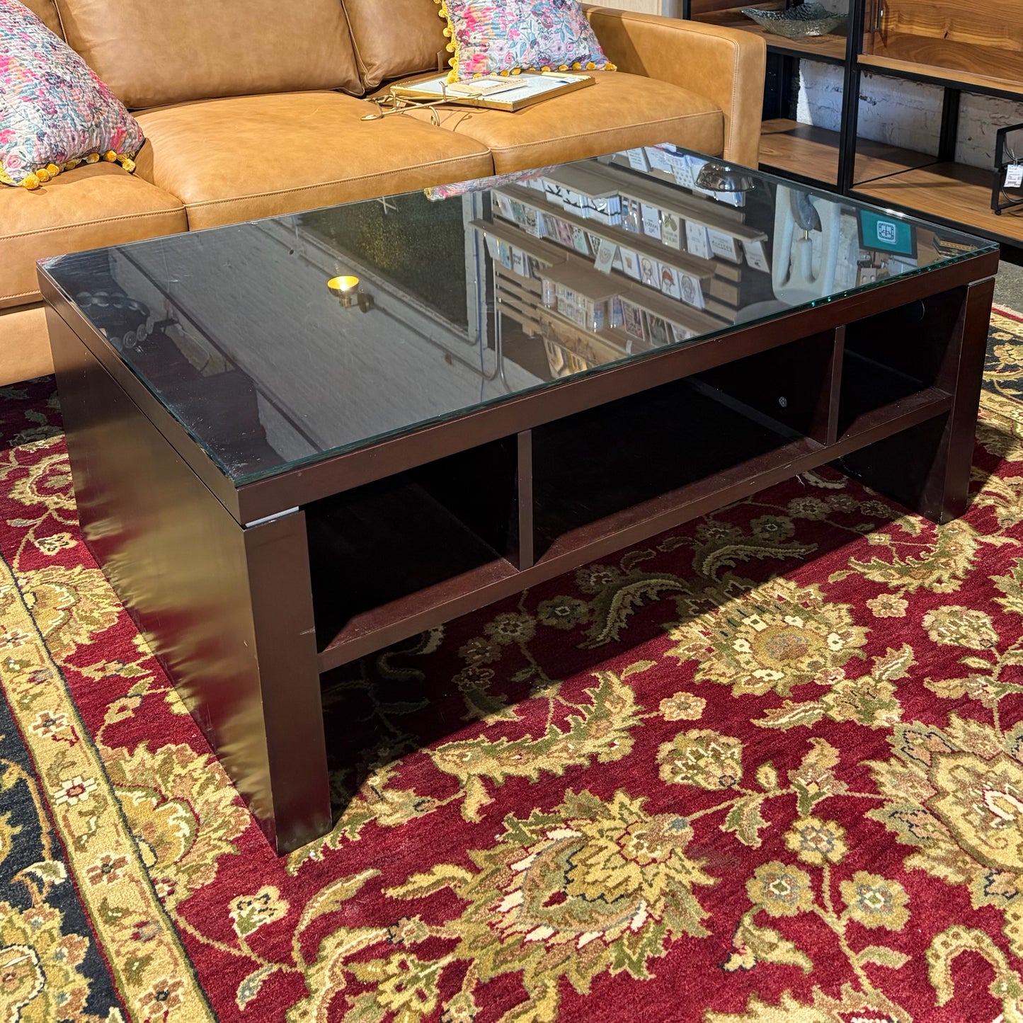 Dark Wood Coffee Table w/ Glass Top, 46"W x 30"D x 18"H