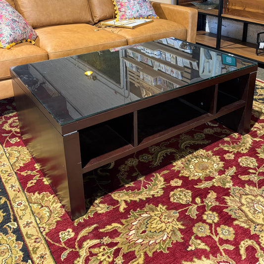 Dark Wood Coffee Table w/ Glass Top, 46"W x 30"D x 18"H