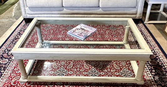 Coastal Coffee Table, glass top and shelf, 55"W x 31.5"D x 17.5"H