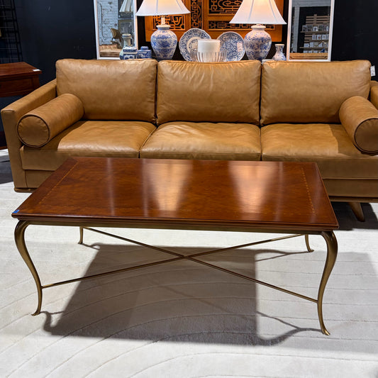 Inlaid Wood and Gold Metal Base Coffee Table, 26"D x 48"W x 19"H