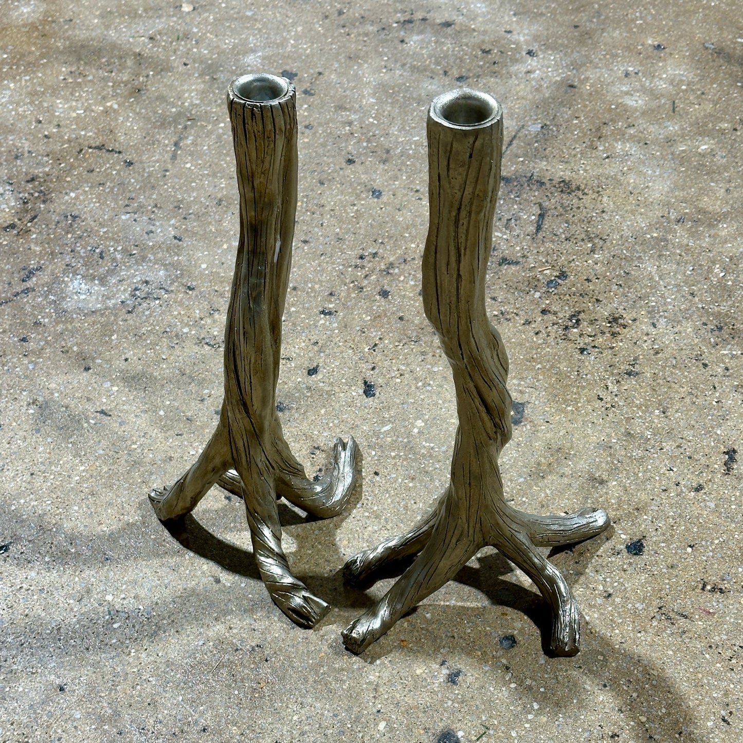 Pair of Silver-leafed Branch Candle Sticks, 15.25" H x 8.5" W & 13.5" H x 7" W