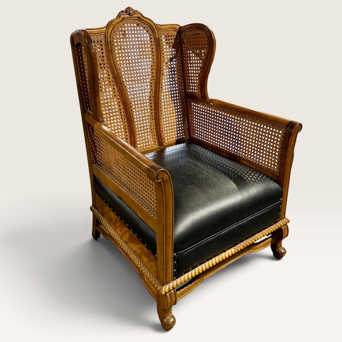 1930's Teak & Cane Gentleman's Wingback w/Black Leather Seat