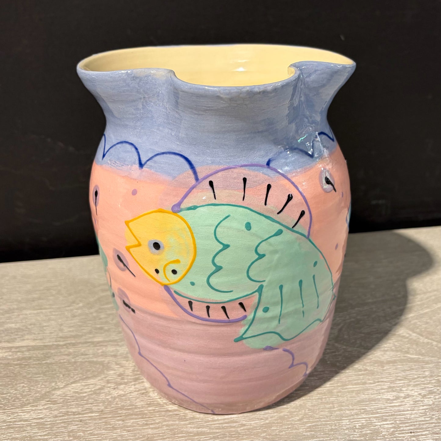 Hand-Painted Ceramic Pitcher, Signed, 9"W x 6"D x 8"H