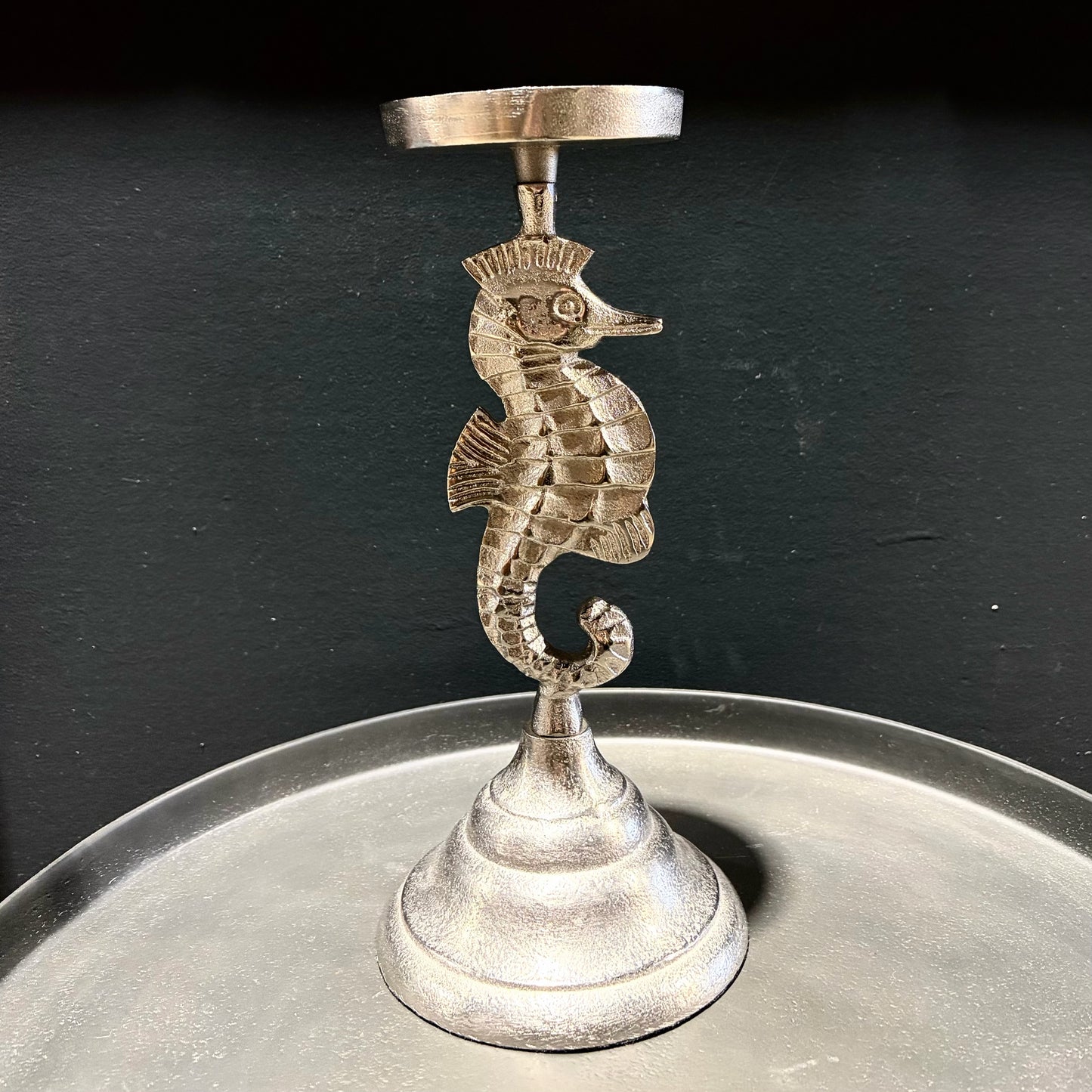 Silver Seahorse Candle Holder, 5"W x 5"D x 11"H