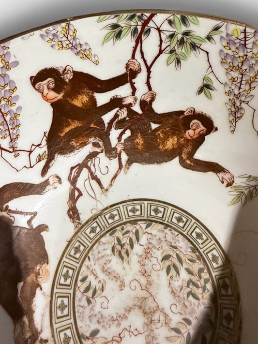 VTG Chinese porcelain bowl, 'Merry Monkeys', handpainted, 10"DIA x 5"H