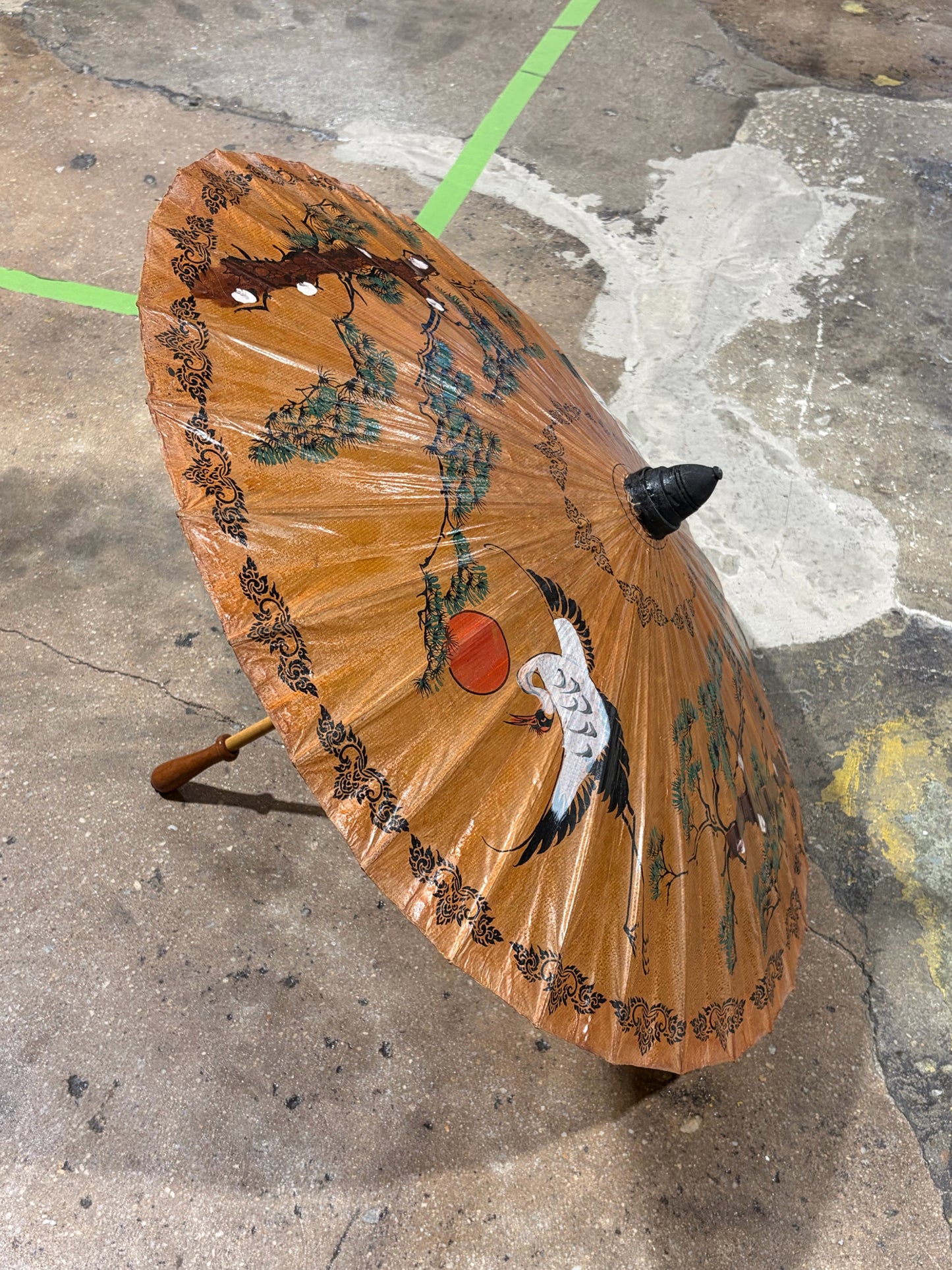 VTG Hand Painted Japanese Paper Parasol 32" Diam