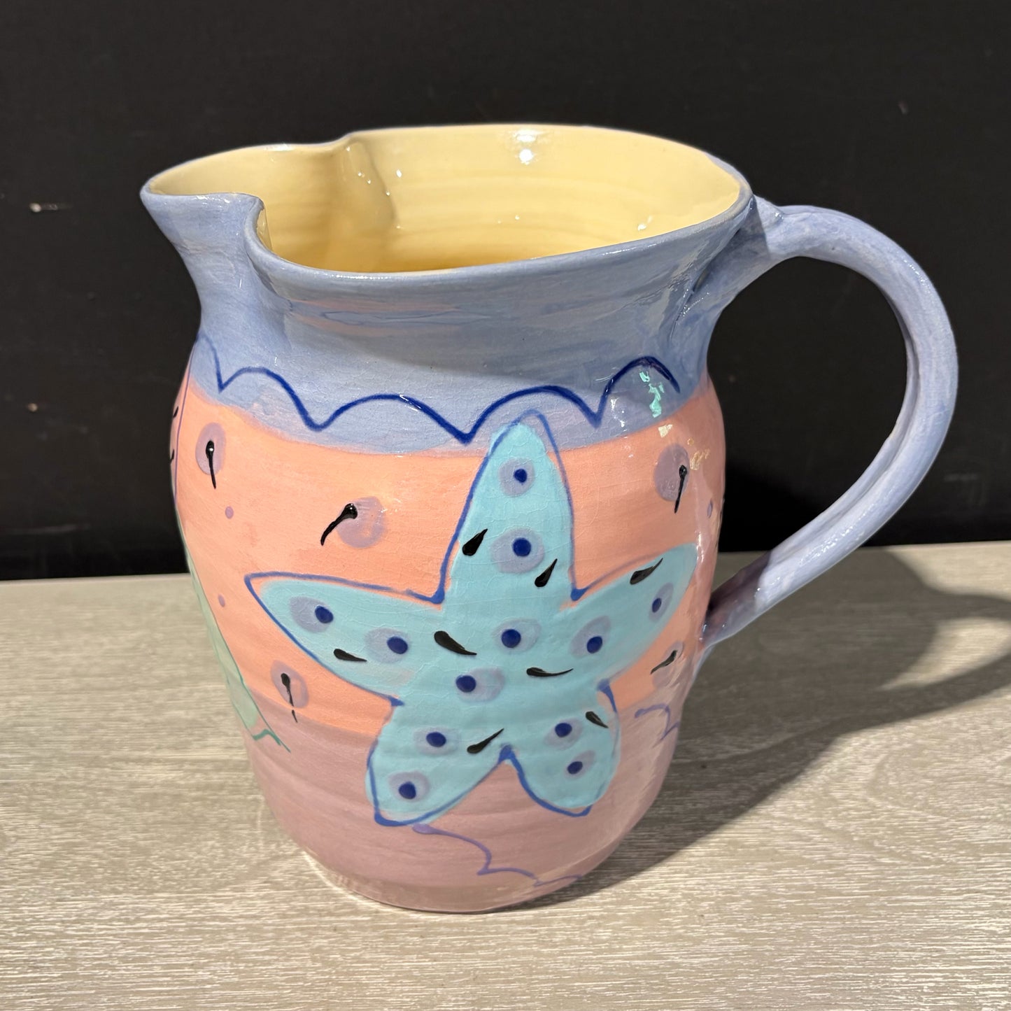 Hand-Painted Ceramic Pitcher, Signed, 9"W x 6"D x 8"H