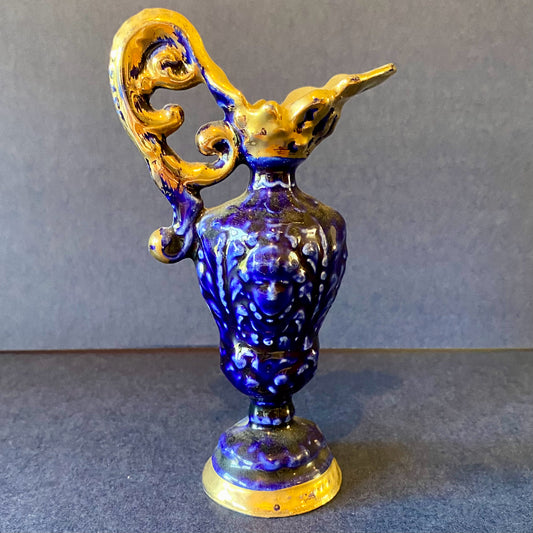 Vintage Goldra E. Palestine Ewer, Blue w/ Gold Trim, 5.75" H x 3.25" W x 2" D