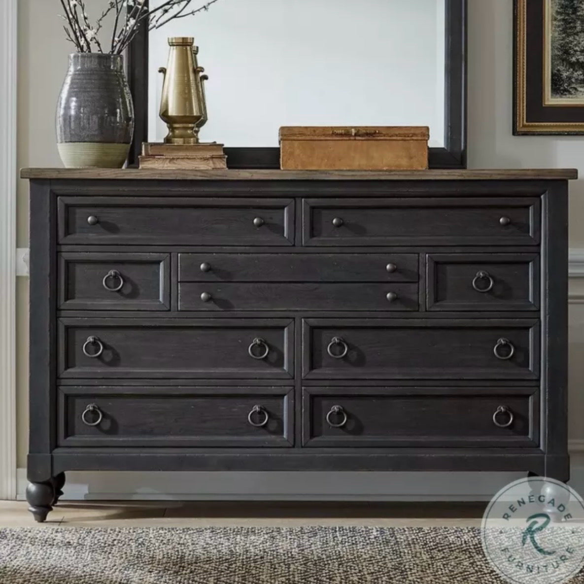 Americana Farmhouse Black 9 Drawer Dresser, 66"W x 18"D x 42"H