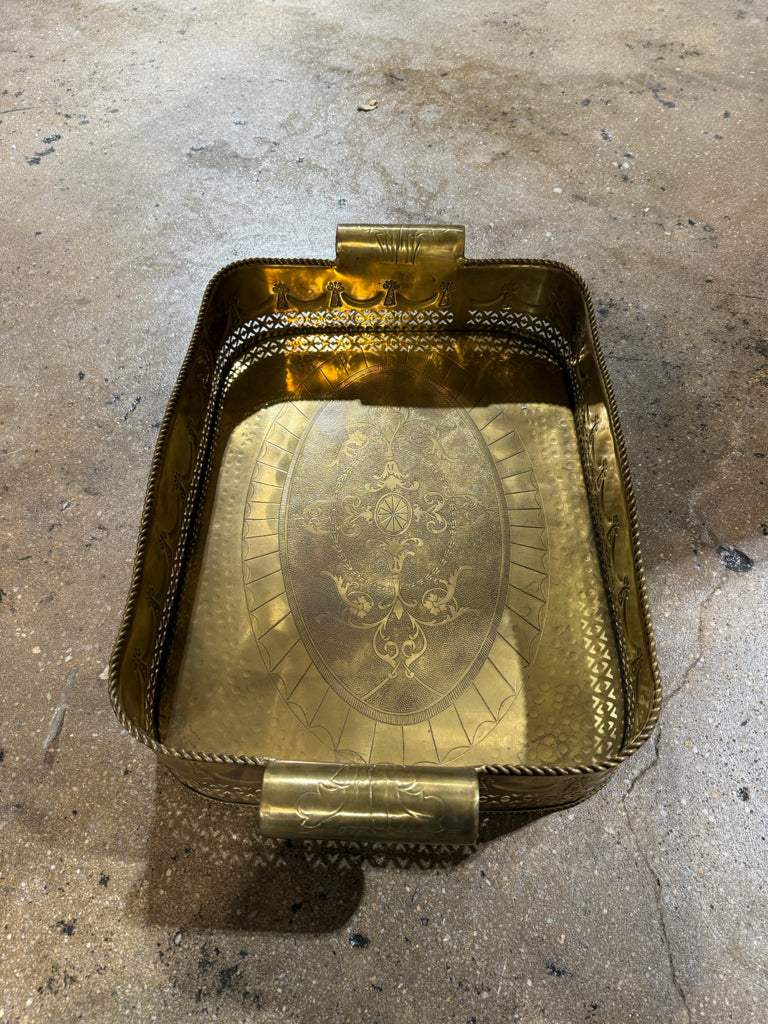 Antique brass tray deep gallery edge , pierced and etched, 24"L x 15.5"W x 4"H