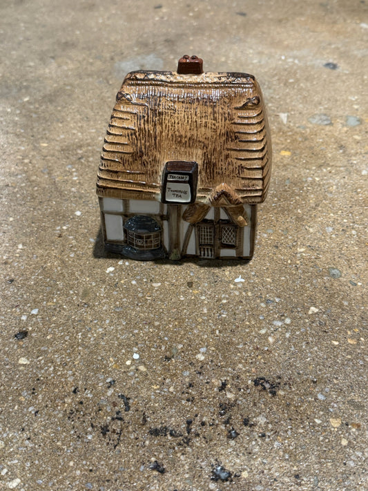 VTG Twinings tea caddy, English cottage, 3.75"W x 6"H
