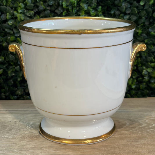 VTG White & Gold Porcelain Cachepot, 6"H x 6"Dia