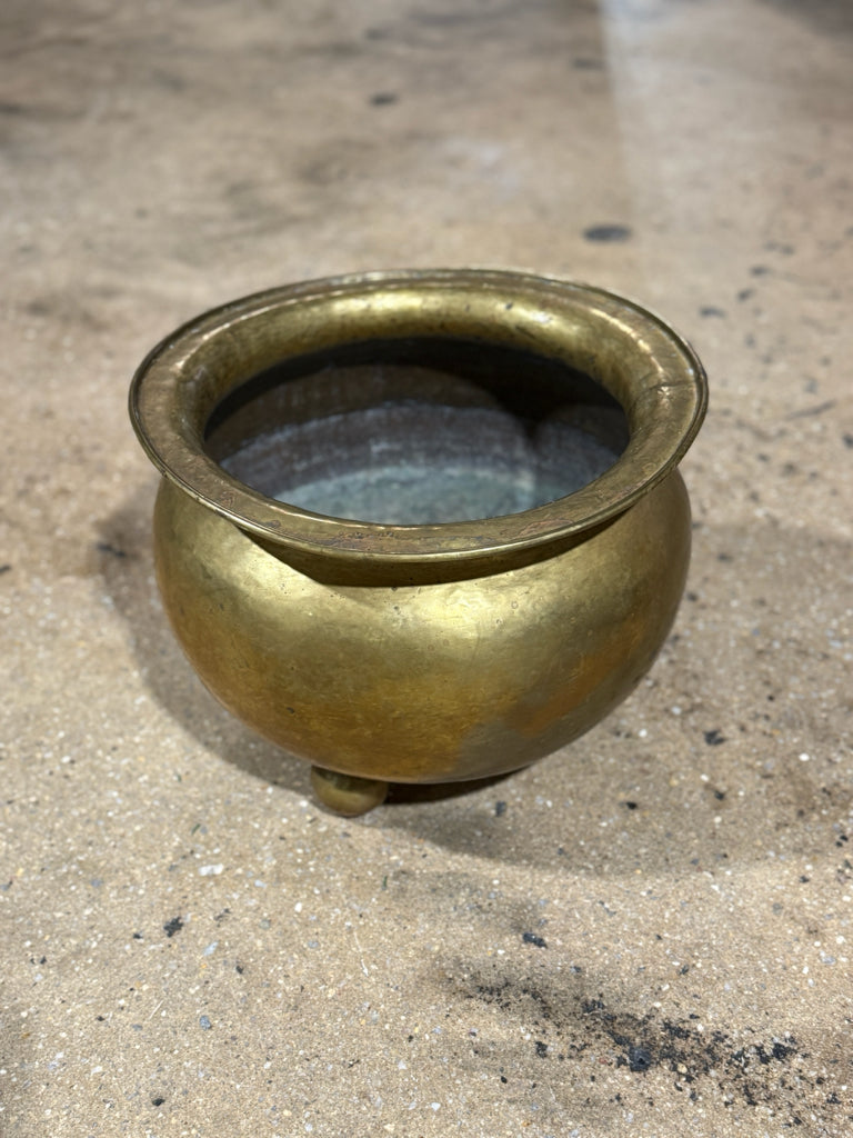 Antique handcrafted Russian brass pot, 12.75"W x 12.75"D x 10"H