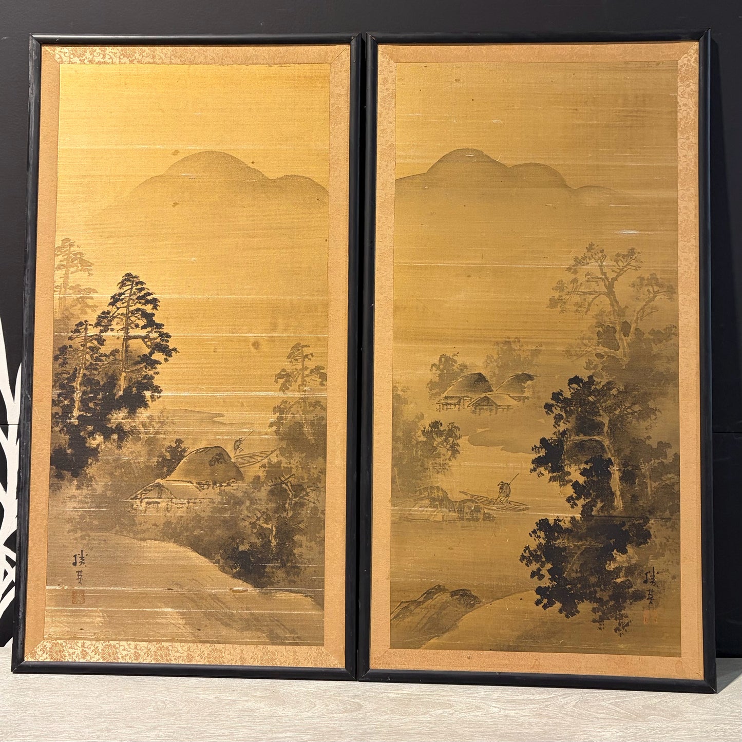 VTG Japanese Two-Panel Landcsape Painting on Silk, 19"W x 36"H x 1"D each