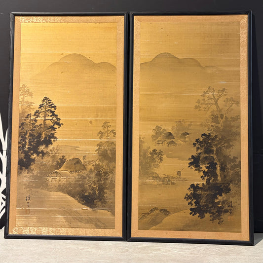 VTG Japanese Two-Panel Landcsape Painting on Silk, 19"W x 36"H x 1"D each