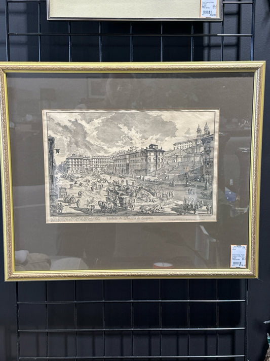 Antique etching, 'Venuta di Piazza' by Piranesi, 26"W x 22"H x 1"D