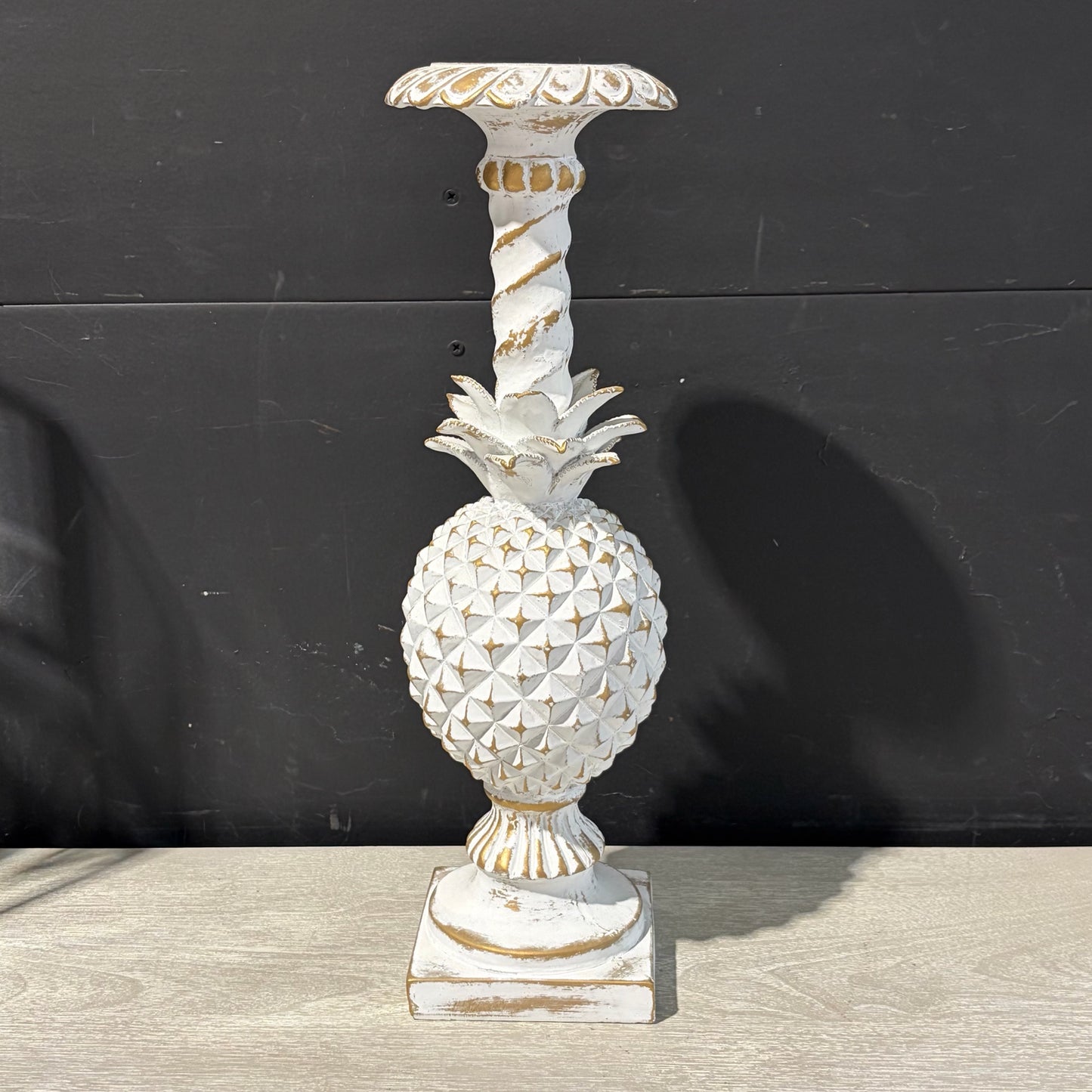 White Washed Wooden Pineapple Candleholder, 18"H x 4.75"Sq.