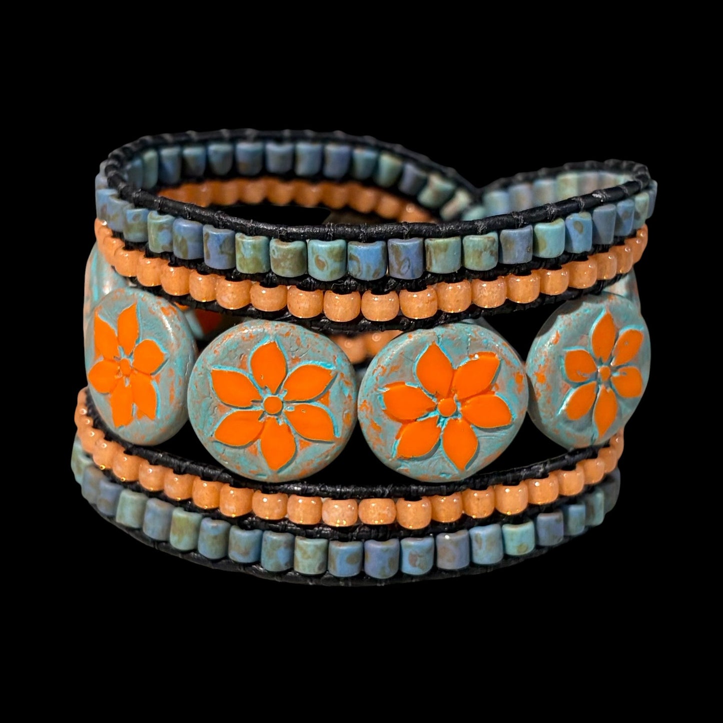 Bohemian Picasso Beaded Cuff, Orange Flowers by Carrie Prince