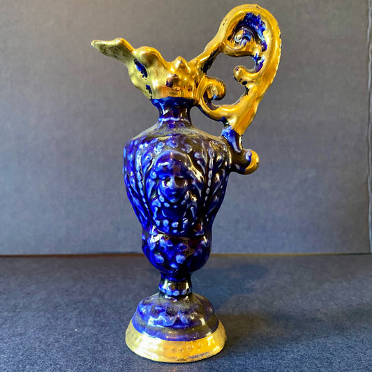 Vintage Goldra E. Palestine Ewer, Blue w/ Gold Trim, 5.75" H x 3.25" W x 2" D