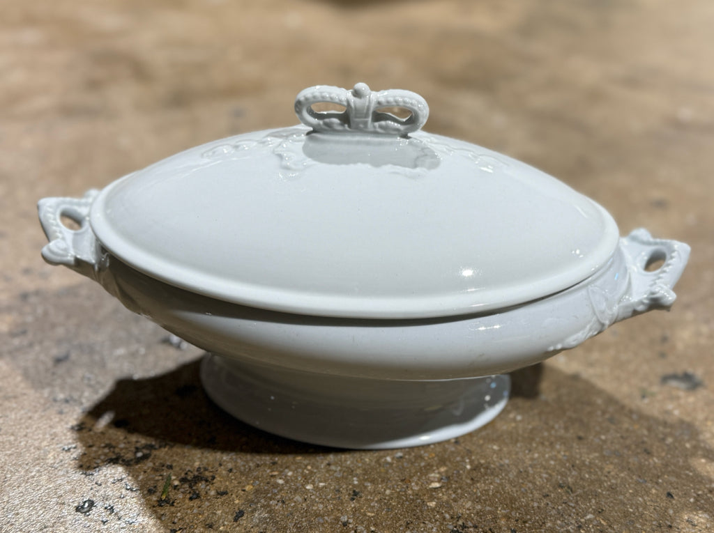 Antique Ironstone Crown covered dish, oval, John Edwards, 12"W x 7.5"H x 6"D