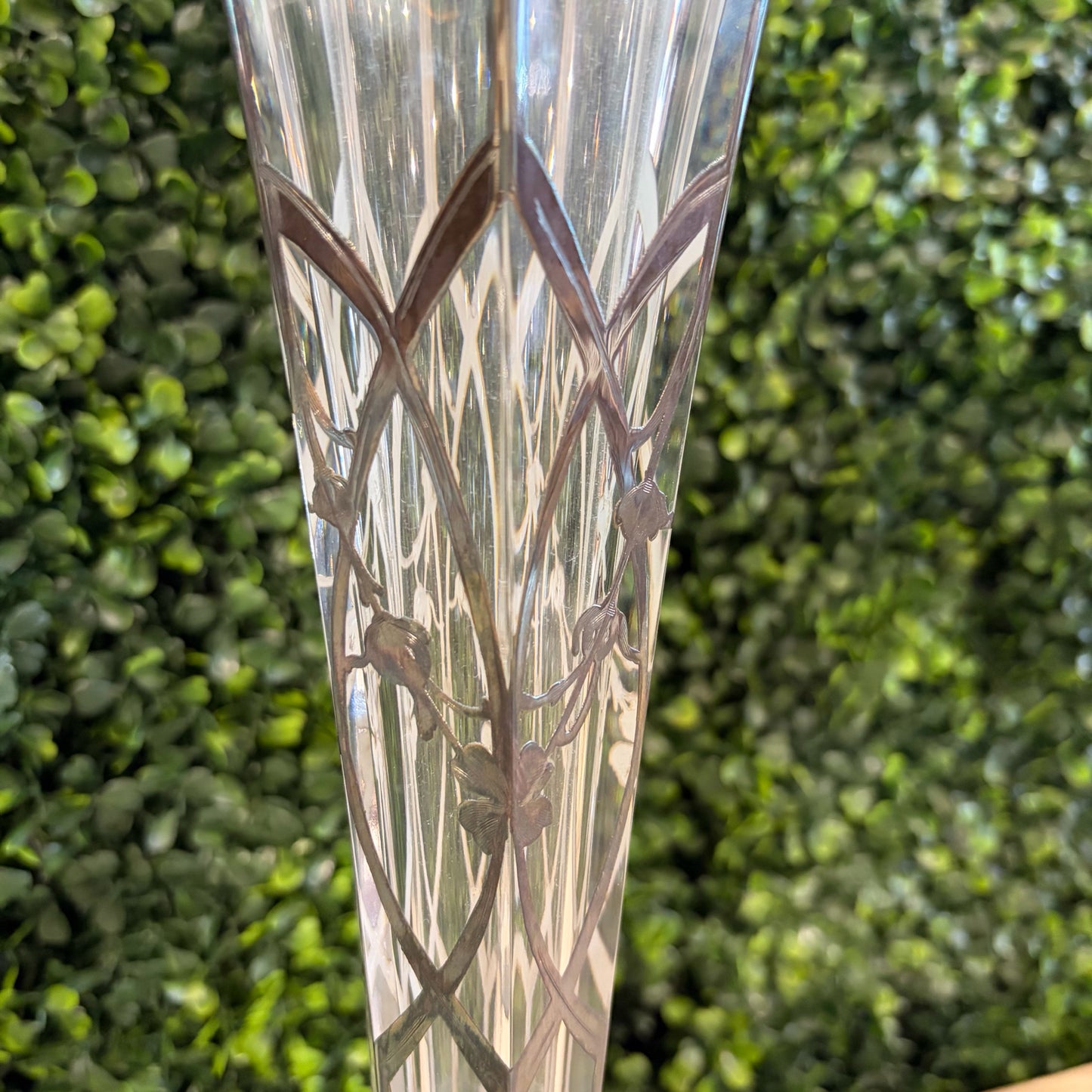 Antique Art Nouveau Trumpet Vase, Glass & Silver, 'W" Monogram, 15'H x 6"Dia