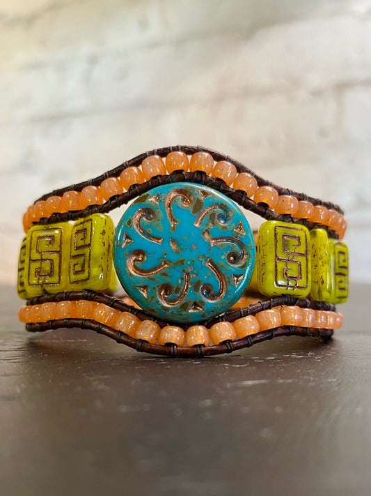 Cuff bracelet, Greek key, 3 beaded rows, seagreen/bronzed yellow
