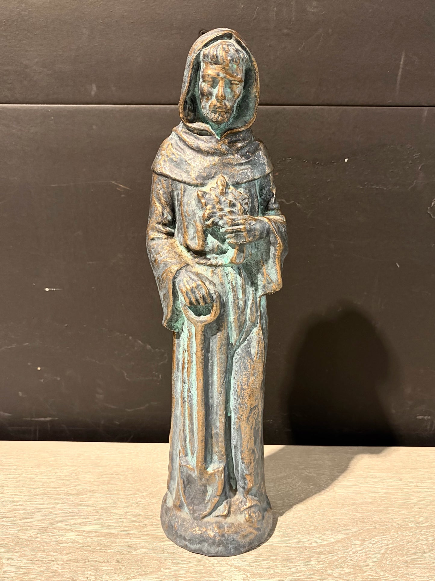 VTG Bronze Statue of St. Francis of Assisi, 3.5"W x 3.35"D x 14.5"H