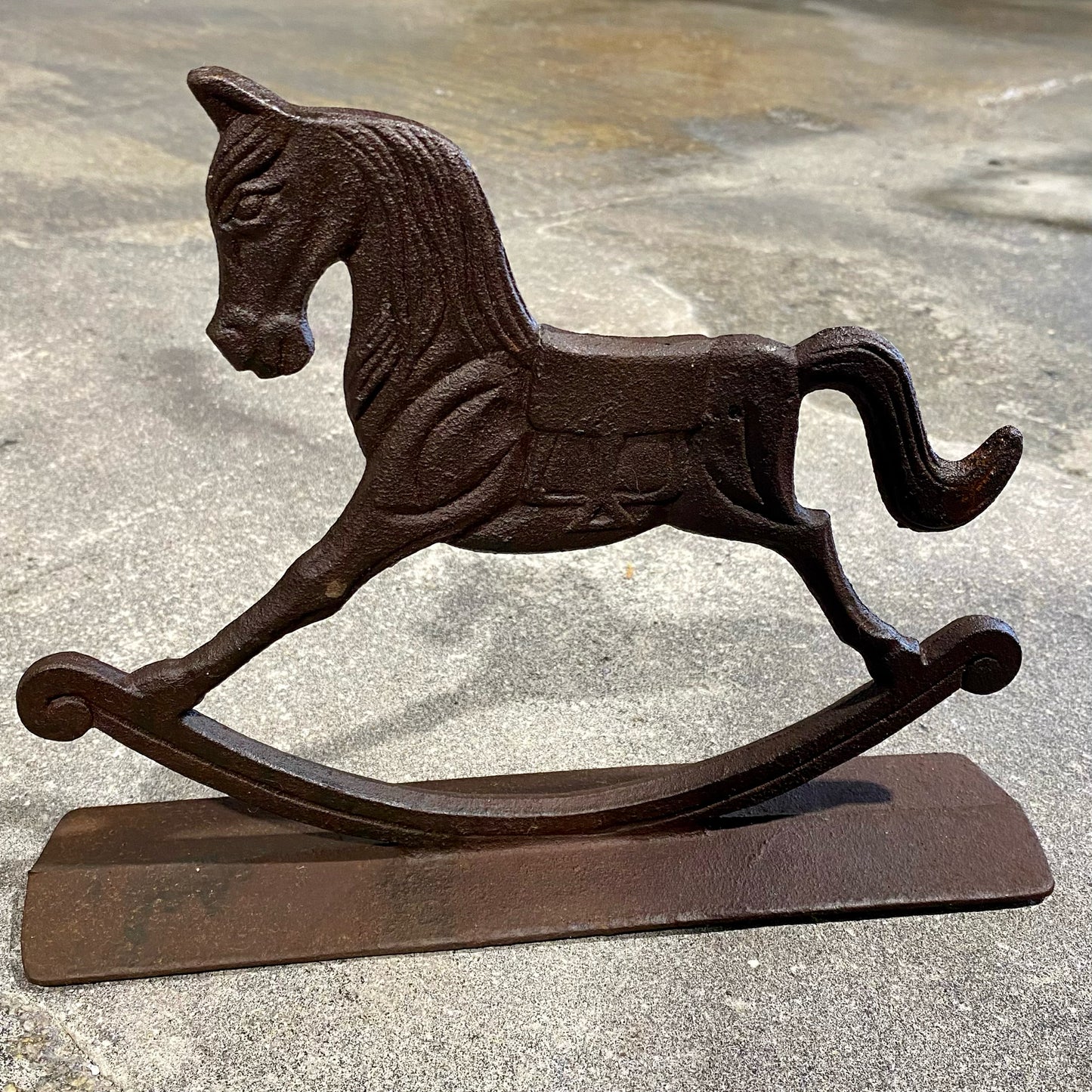 Vintage Cast Iron Rocking Horse Doorstop, 8.25"H x 2.5"D x 11"W