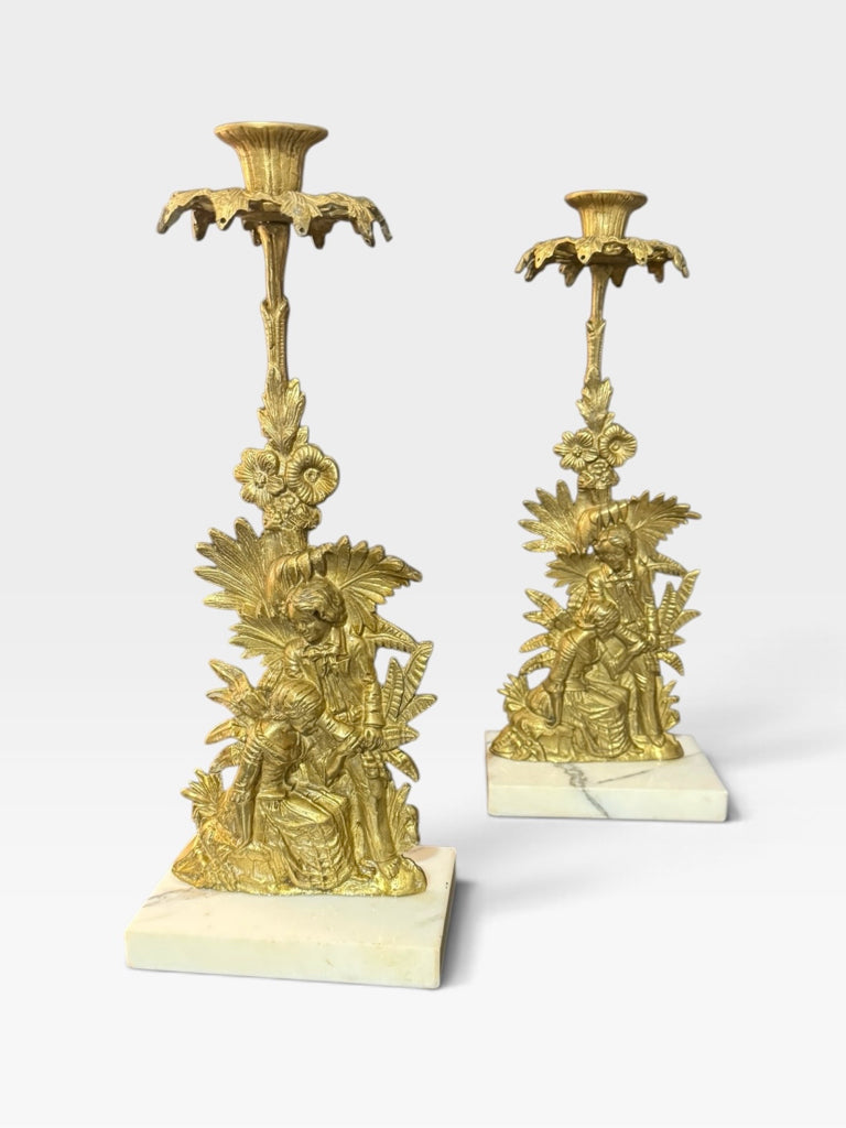 PAIR of ATQ Brass/Marble candleholders, no prisms, 6"W x 4"D x 14.5"H