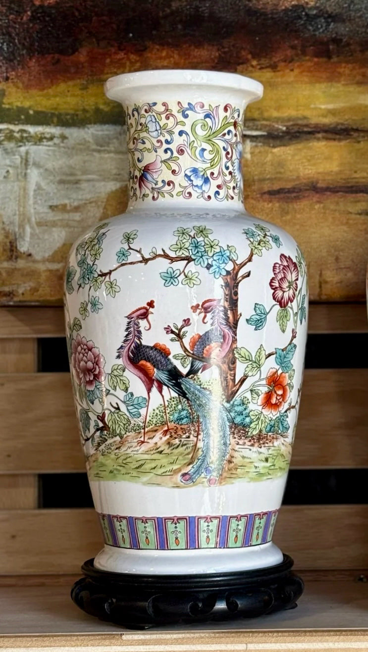 Italian Porcelain pheasant vase w/stand, 5.5"D x 13.25"H