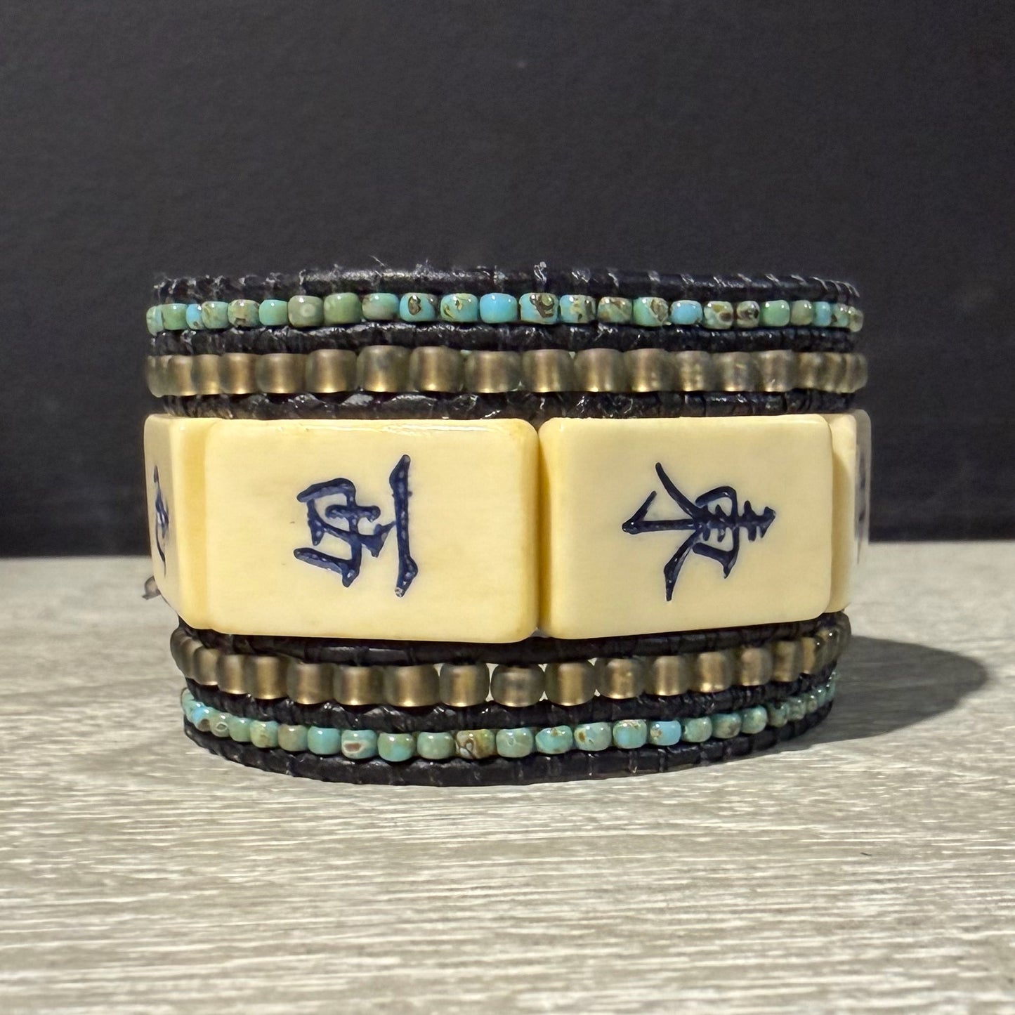 Vintage Mahjong Tile Cuff Beaded Bracelet, 1.5"W x 7.2"L, Carrie Prince