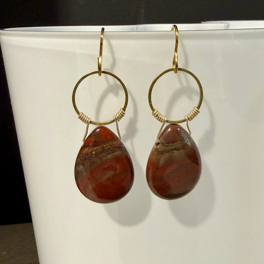 Red Jasper Teardrop & Brass Earrings, 2"L, Carrie Prince Wearable Art